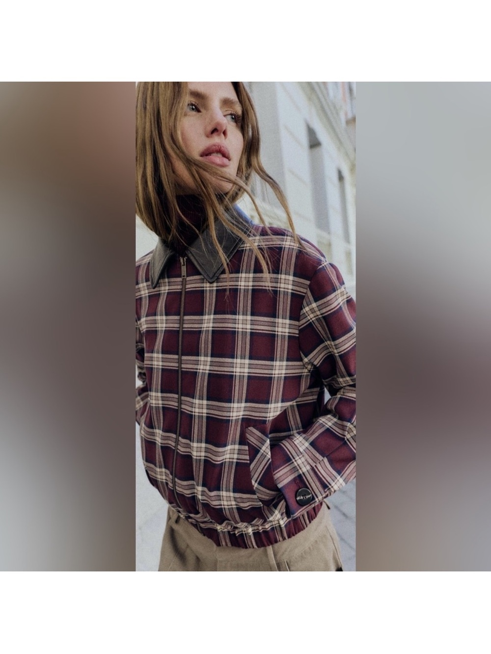 Zara Burgundy Plaid Bomber Jacket with Black Collar